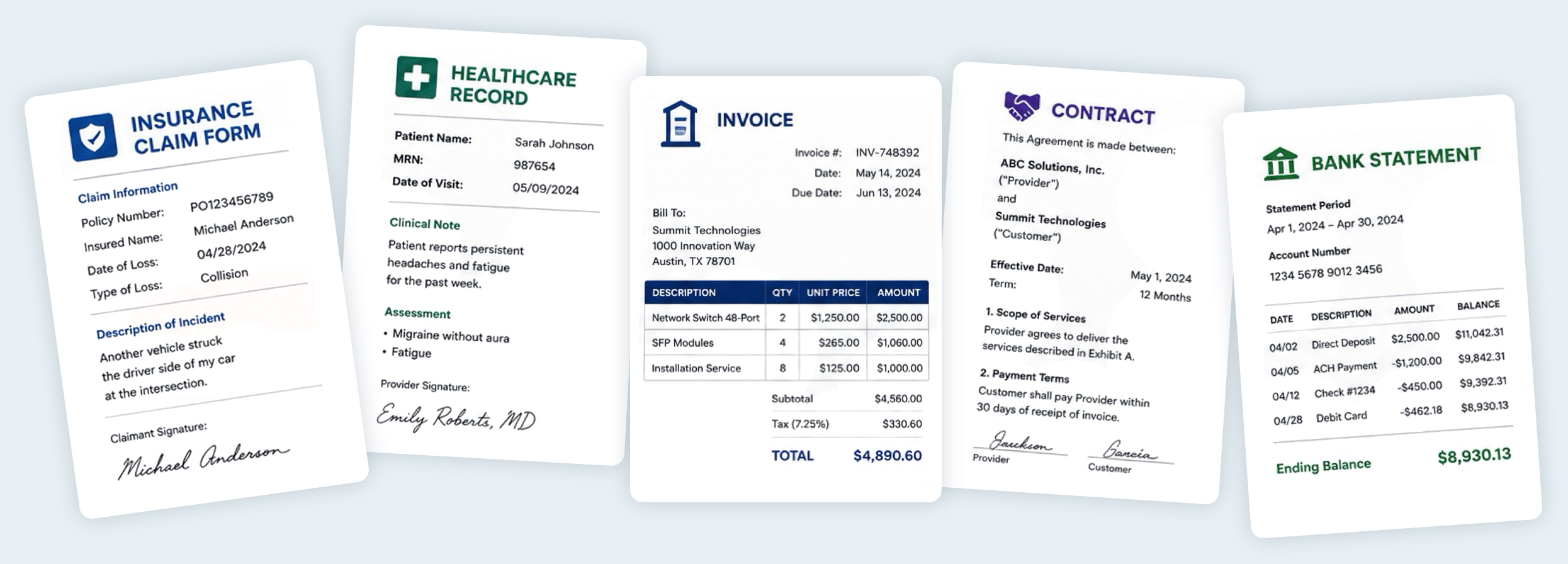 Insurance claim form, healthcare record, invoice, contract, and bank statement